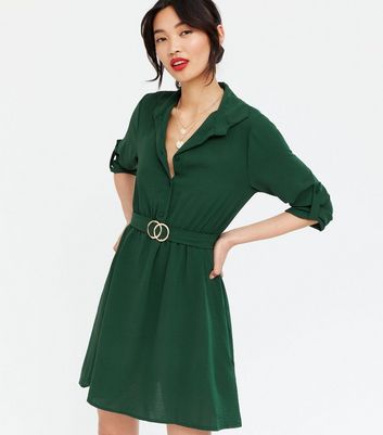 Mela Dark Green Belted Shirt Dress ...